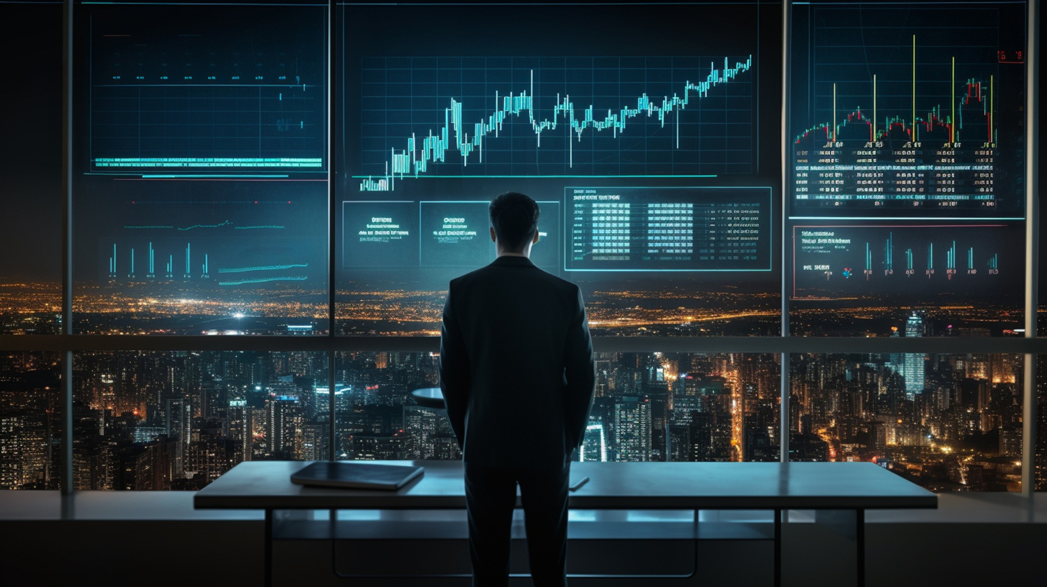 Professional trader standing in front of large digital trading screens displaying financial charts and market data, overlooking a night cityscap